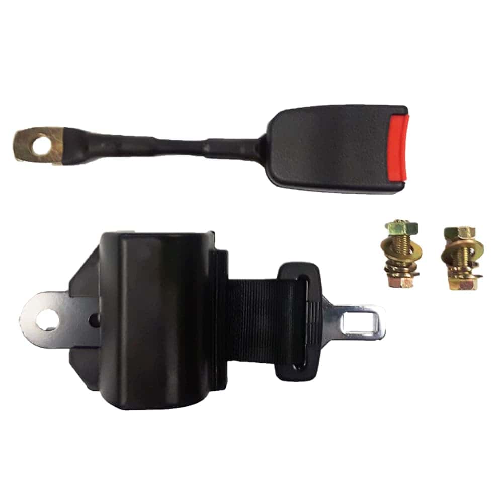 Retractable seat belt with rigid buckle and mounting hardware for vehicle safety.