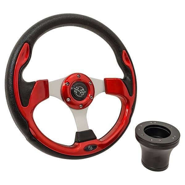 High-quality GTW red rally steering wheel with black adaptor kit for Club Car DS models.