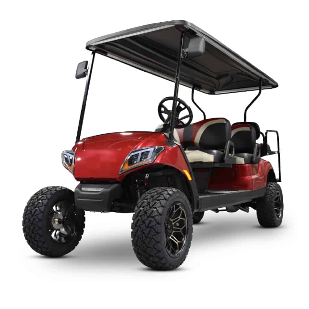 Electric golf cart with custom SAS stretch kit for Yamaha Drive2 models.