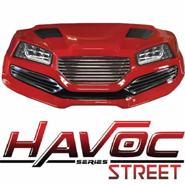 Front view of a red HAVOC street style cowl kit for Yamaha G29/Drive golf carts.