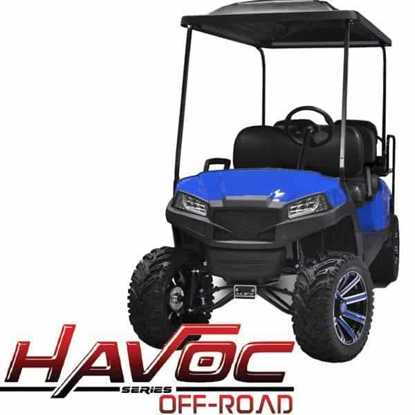 Off-road Yamaha G29/Drive HAVOC front cowl kit in blue for enhanced durability and style.
