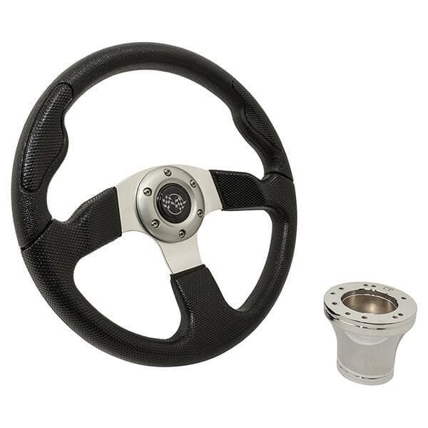 High-quality GTW Black Rally Steering Wheel with Chrome Adaptor Kit for Club Car Precedent.