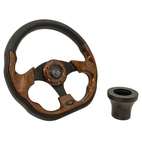 High-quality woodgrain steering wheel with black adaptor for Club Car DS golf carts. Customizable an.