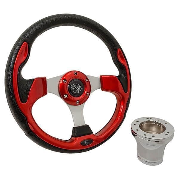 Red and black rally steering wheel for Club Car DS golf carts, with chrome adaptor included.