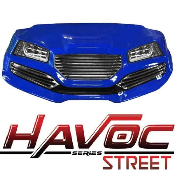 Blue Yamaha G29/Drive HAVOC street style front cowl kit for custom golf carts. Perfect for enhancing.