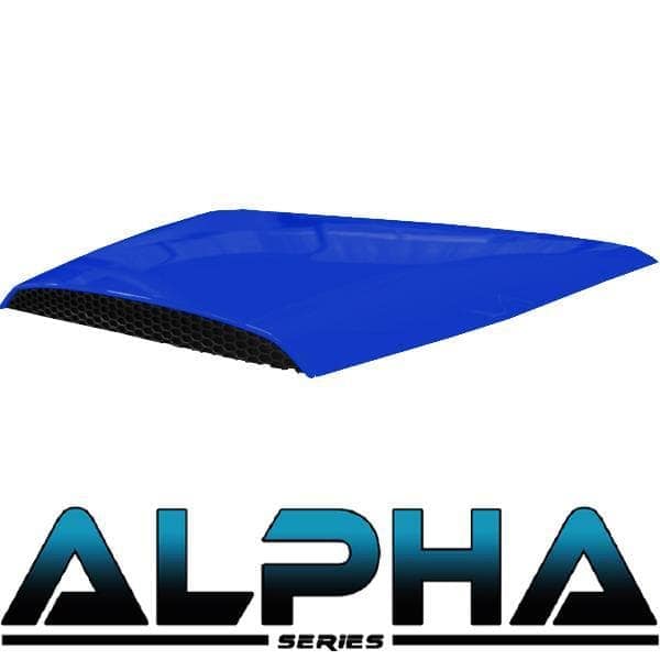 Hood scoop for ALPHA series body kits in vibrant blue color.