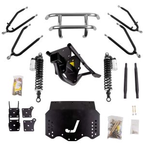 High-performance long travel suspension kit with external reservoir shocks for EZGO TXT electric gol.