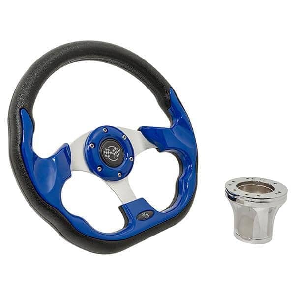 Club Car DS GTW Blue Racer steering wheel with chrome adaptor for 1982-up models.