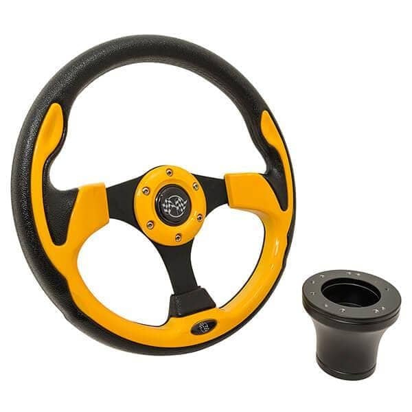 High-performance yellow race steering wheel with black adaptor for Club Car DS golf carts.