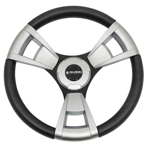EZGO TXT-RXV Gussi Italia Model 13 black brushed steering wheel for golf carts.