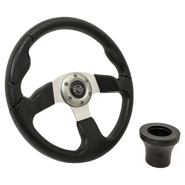 High-quality black rally steering wheel with adaptor for 2004-up Club Car Precedent golf carts.