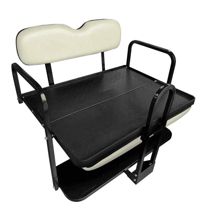 Rear flip seat for EZGO TXT, Freedom, Valor golf carts, black finish.