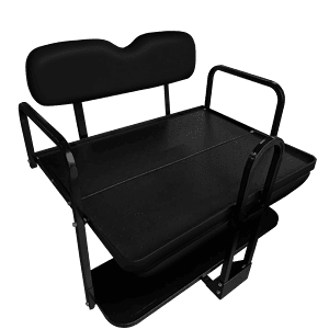 Rear flip seat for EZGO TXT, Freedom, and Valor golf carts, durable black design.
