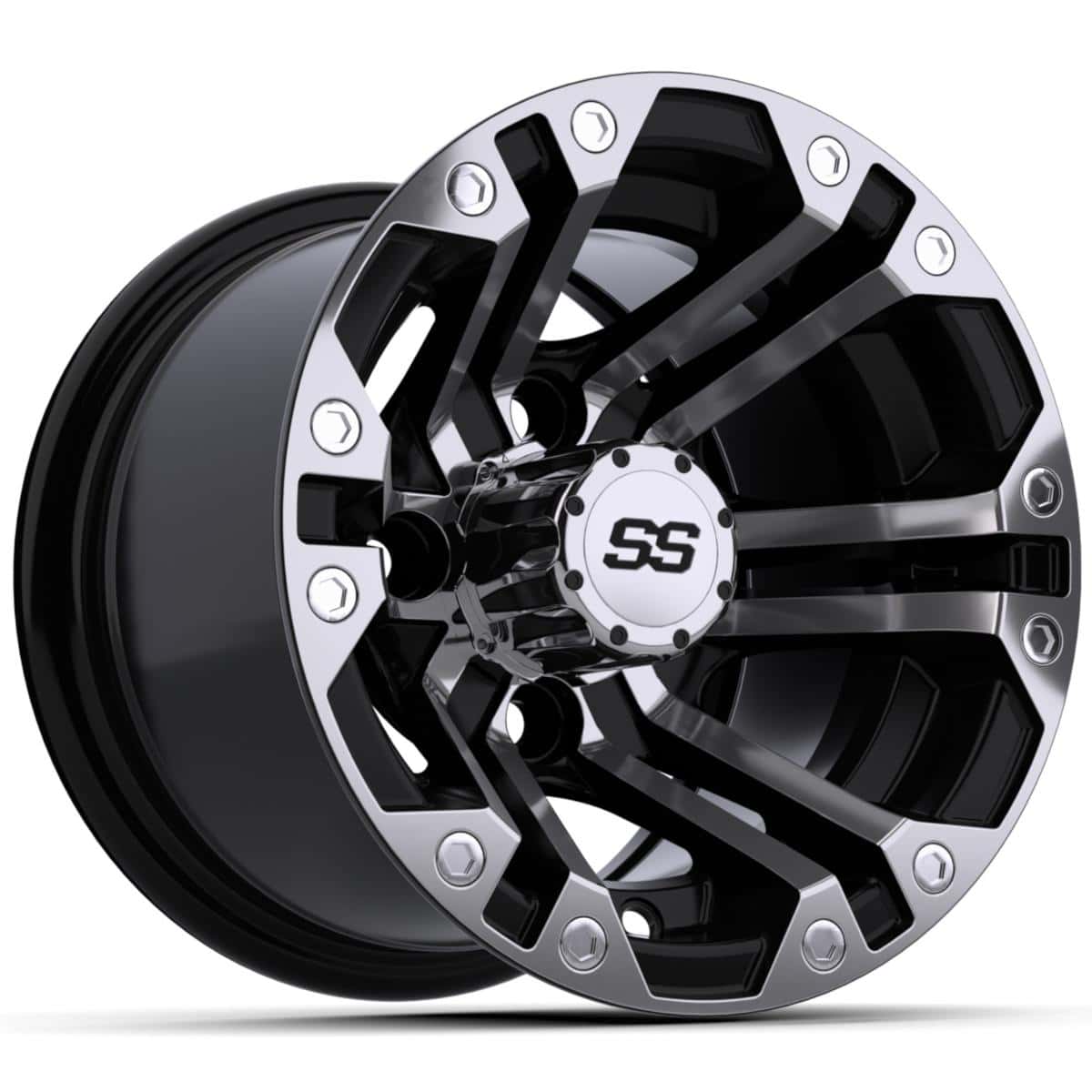 GTW® Specter Black 10-inch wheel with machined accents for custom carts.