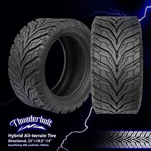 All-terrain hybrid tire for carts and vehicles, DOT approved, with aggressive tread pattern.