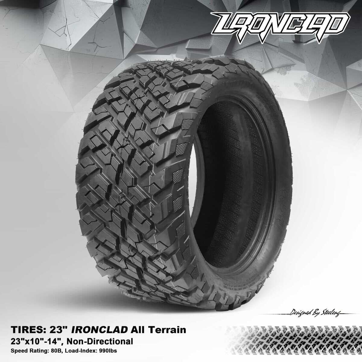 All-Terrain 23" Ironclad Hybrid AT Tire for rugged off-road use.