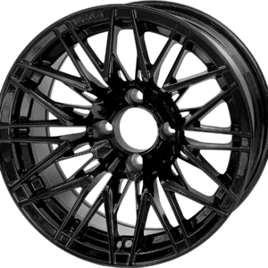 Wheel with glossy black finish and intricate spoke design for custom carts.