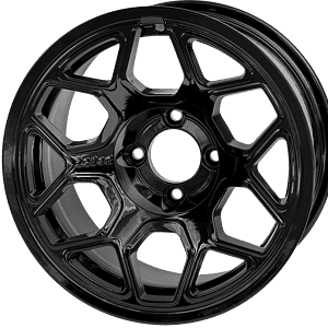 Glossy black 14-inch Yeti wheel with aluminum alloy finish for carts.