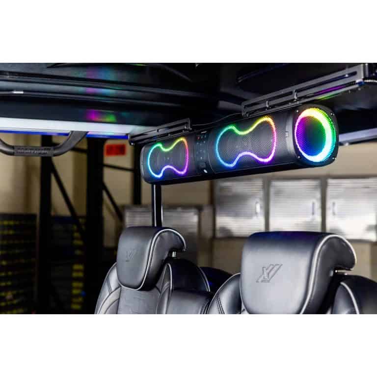 RGB light-up speaker mounted above leather seats