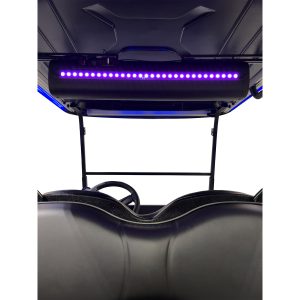 Golf cart interior with purple LED light bar