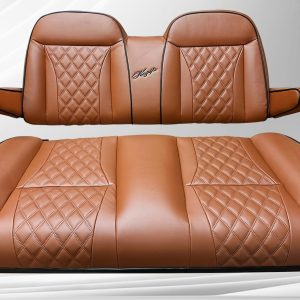 Custom boat seat with diamond stitching and brown leather finish.