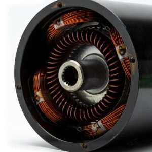 Close-up of electric motor copper windings and shaft