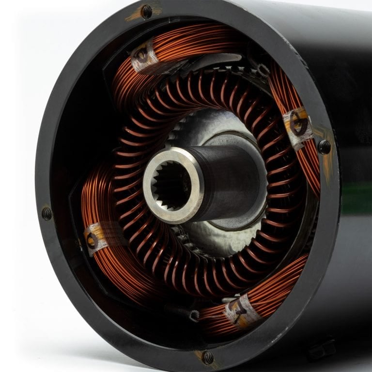 Close-up of electric motor copper windings and shaft