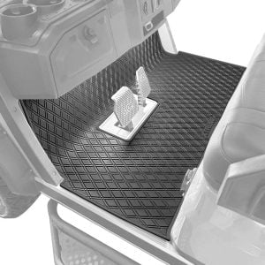 Durable black rubber floor mat with diamond pattern for utility vehicle footwell.