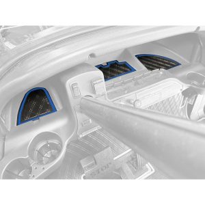 Custom golf cart dashboard with blue accents and integrated controls.
