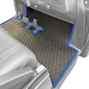 Custom car floor mat with durable rubber surface and blue trim for SUVs and trucks.