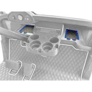 Golf cart dashboard with cup holders, storage compartments, and control panel for custom golf carts.