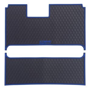 Durable black golf cart floor mat with blue trim, designed for SAS Custom Carts.