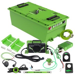 Green battery pack with accessories for electric golf carts and utility vehicles.