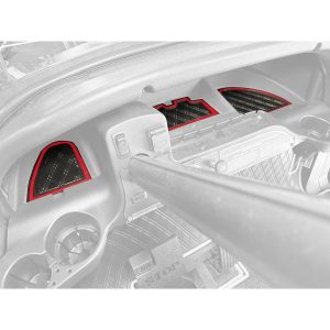 Custom golf cart dashboard with red accents, storage compartments, and modern design.