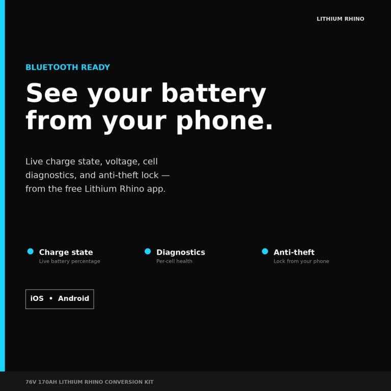 Lithium Rhino battery monitoring app showing charge, diagnostics, and anti-theft features.