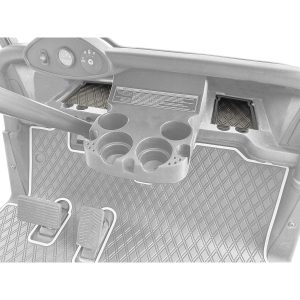 Custom golf cart dashboard with integrated cup holders and control panel.