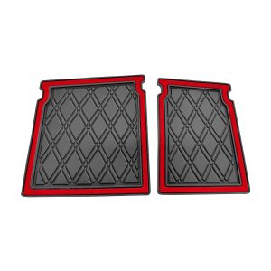Custom cart floor mats with durable rubber material and red trim for SAS Custom Carts.