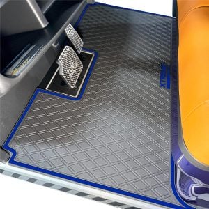 Custom golf cart floor mat with pedals and SAS Custom Carts branding.