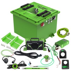 Green battery pack with wiring and accessories for electric vehicle customization.