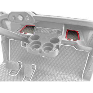 Golf cart dashboard with cup holders, storage compartments, and easy-to-access controls for convenie.