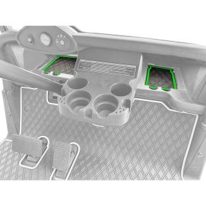 Custom golf cart dashboard with cup holders and storage compartments.