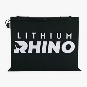 Custom lithium battery for carts with Lithium Rhino logo, durable and high-performance.