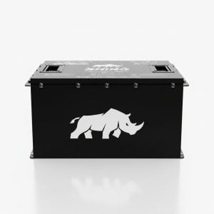Custom battery storage box featuring Rhino logo, ideal for electric carts and vehicle applications.