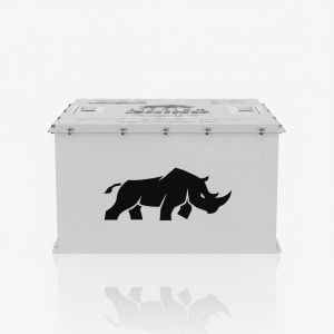 Custom electric cart battery box featuring a black rhino logo for durability and branding.