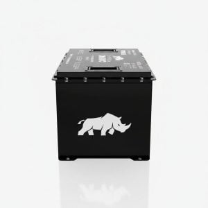 Custom black electric utility cart with rhino logo for SAS Custom Carts.